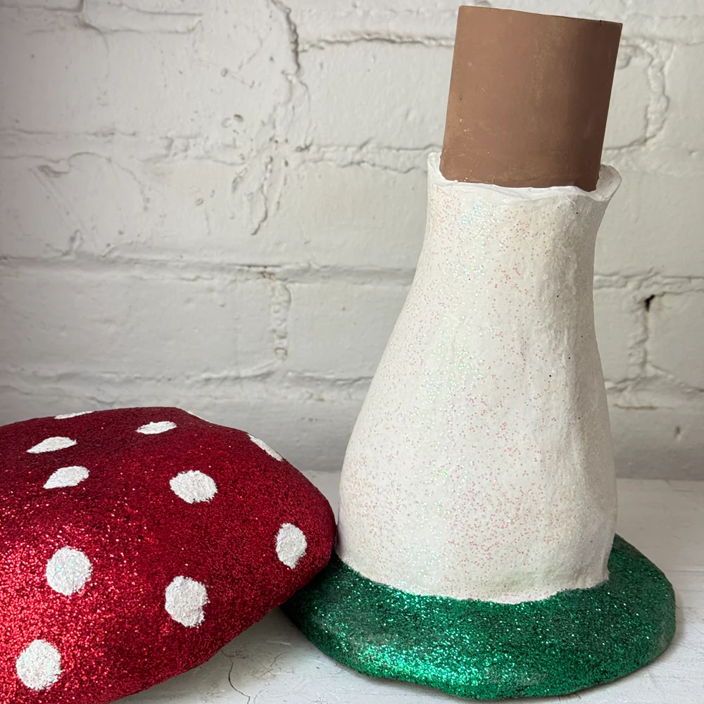 Large Papier-Mâché Glitter Mushroom with Green Base - Image 4